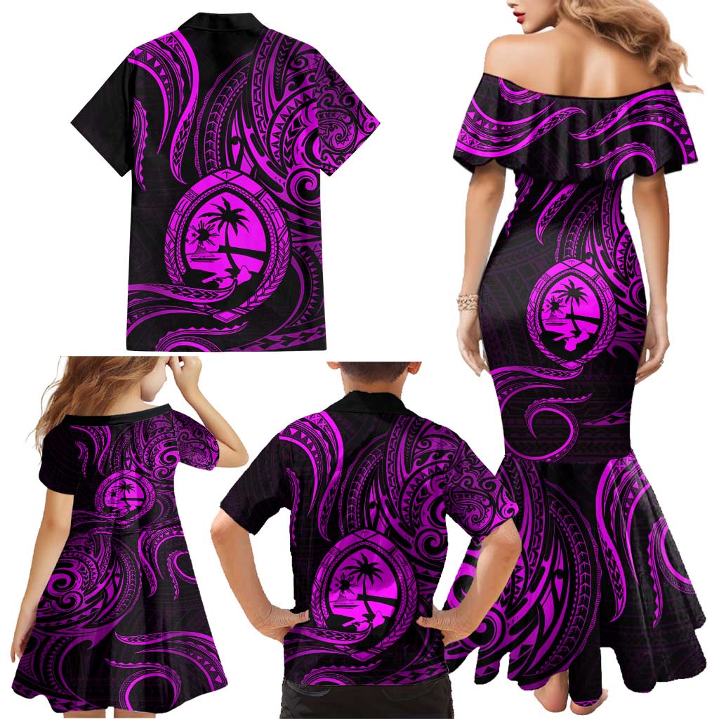 Polynesian Guam Coat of Arms Family Matching Mermaid Dress and Hawaiian Shirt Polynesian Tribal Tattoo Purple Version