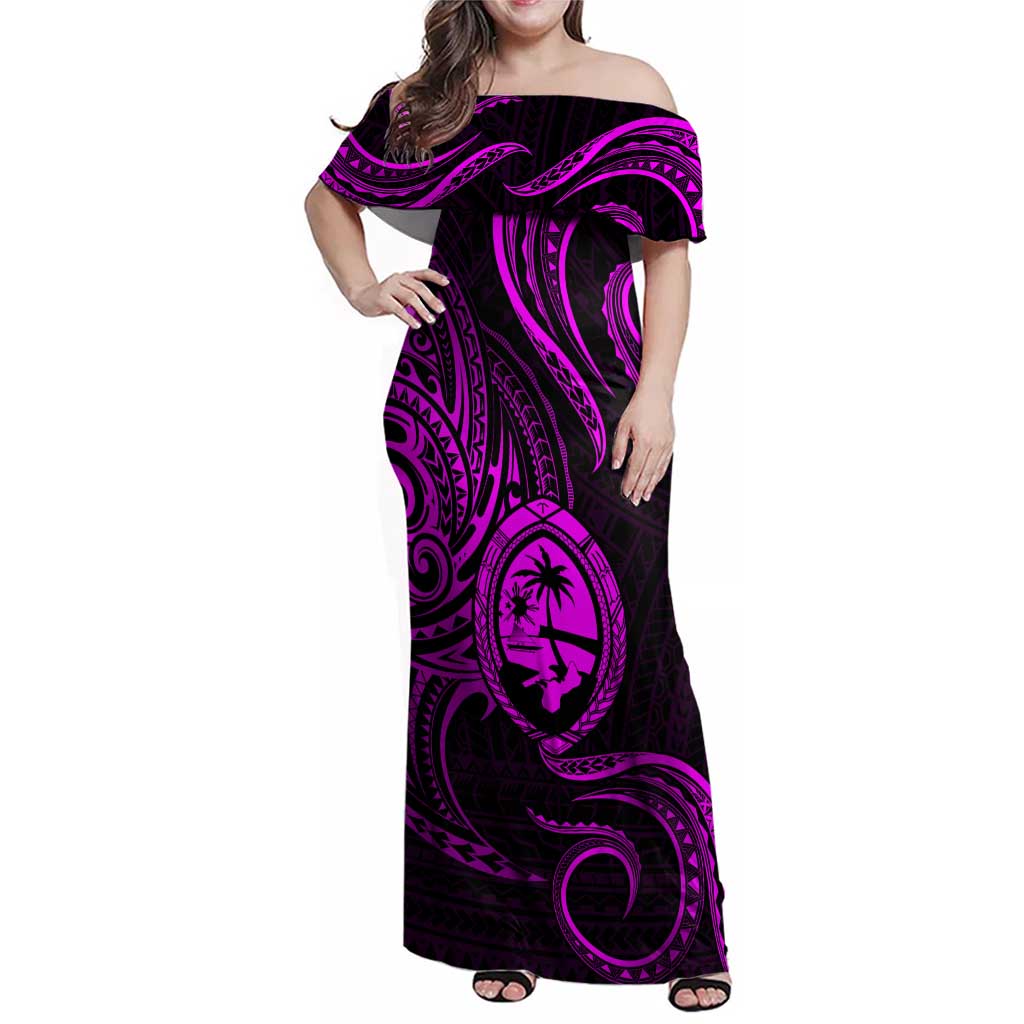 Polynesian Guam Coat of Arms Family Matching Off Shoulder Maxi Dress and Hawaiian Shirt Polynesian Tribal Tattoo Purple Version