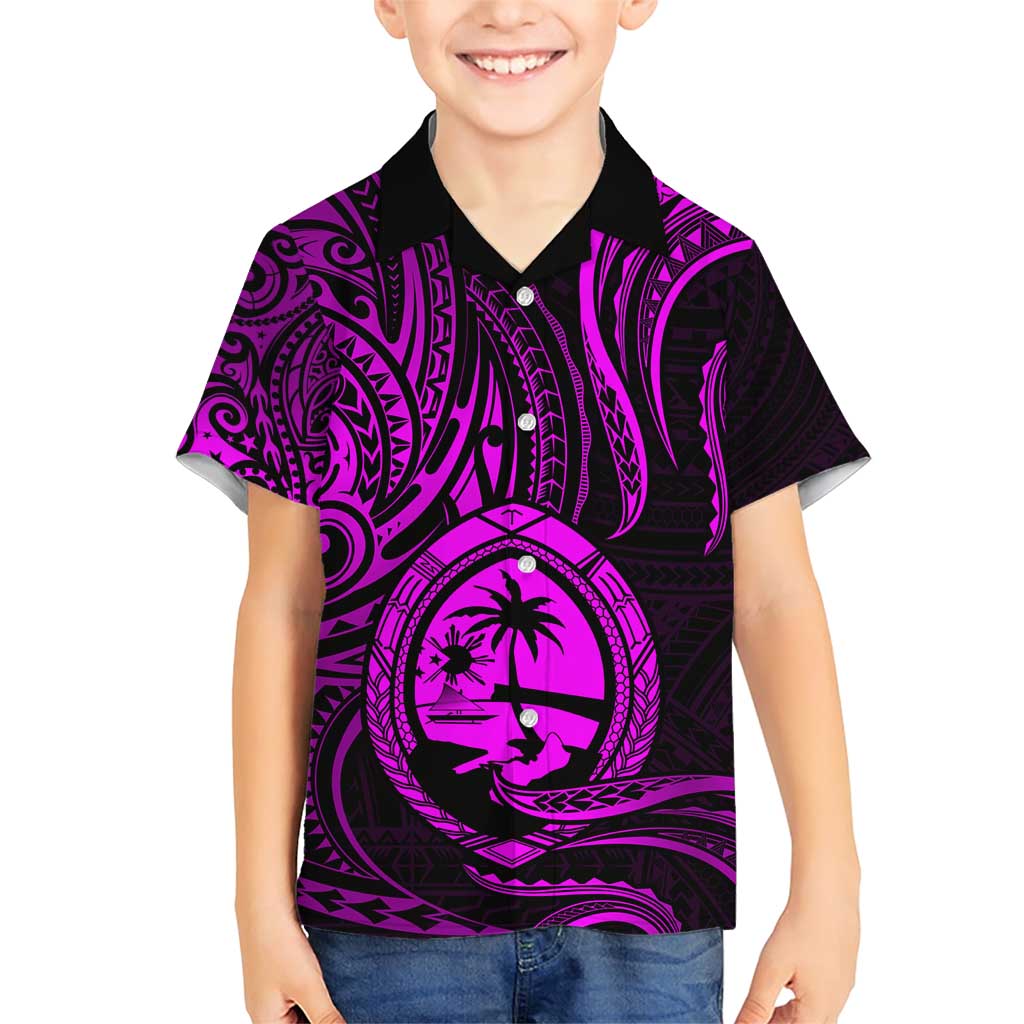 Polynesian Guam Coat of Arms Family Matching Short Sleeve Bodycon Dress and Hawaiian Shirt Polynesian Tribal Tattoo Purple Version