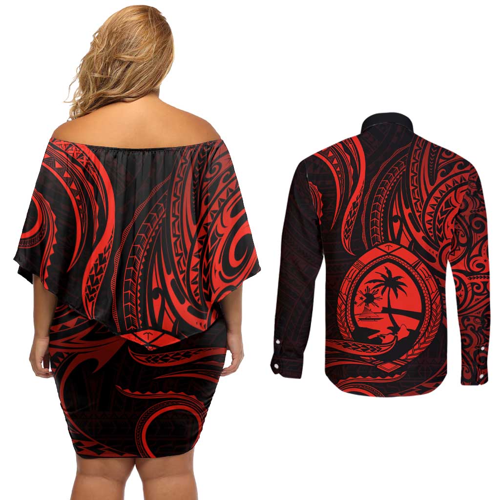 Polynesian Guam Coat of Arms Couples Matching Off Shoulder Short Dress and Long Sleeve Button Shirt Polynesian Tribal Tattoo Red Version