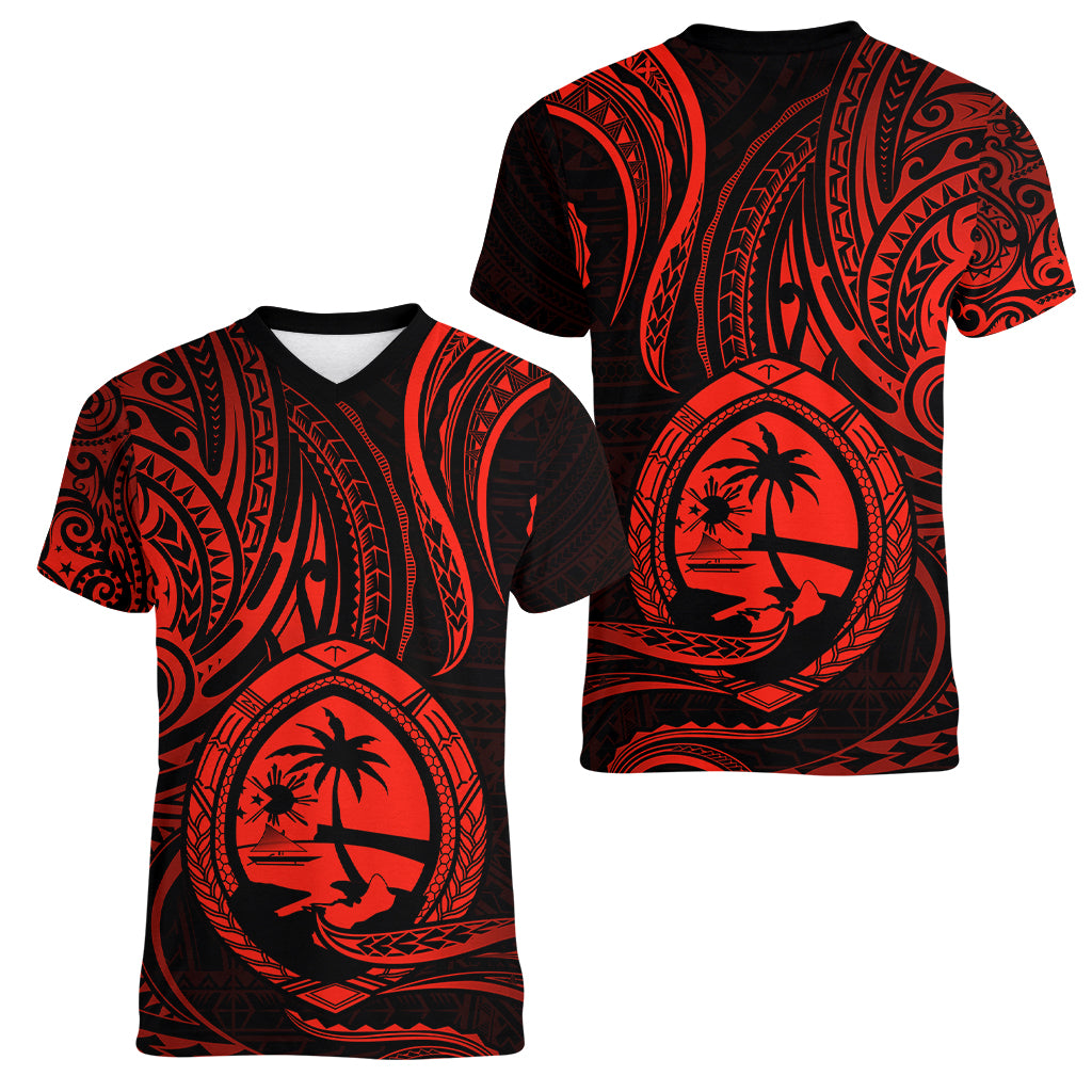 Polynesian Pride Guam Women V Neck T Shirt With Polynesian Tribal Tattoo and Coat of Arms Red Version LT9 Female Red - Polynesian Pride