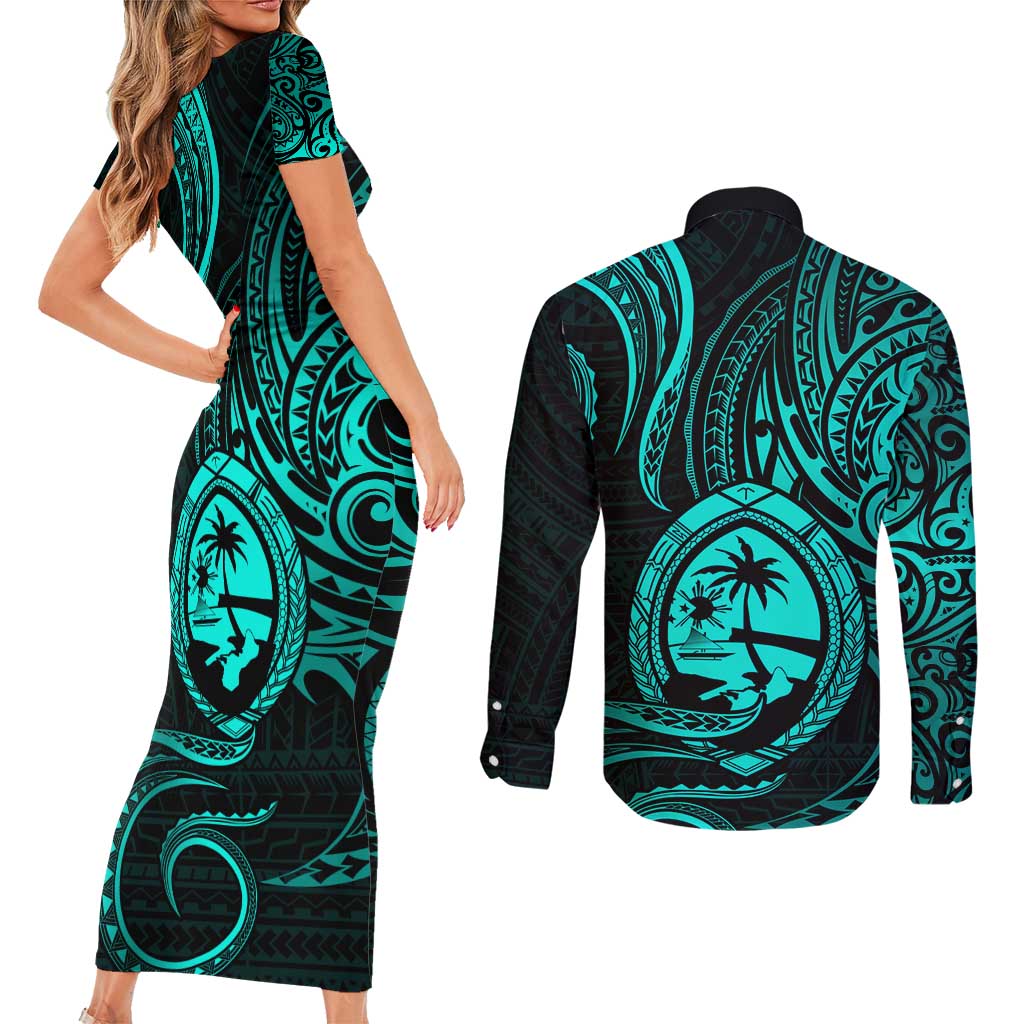Polynesian Guam Coat of Arms Couples Matching Short Sleeve Bodycon Dress and Long Sleeve Button Shirt Polynesian Tribal Tattoo Turquoise Version