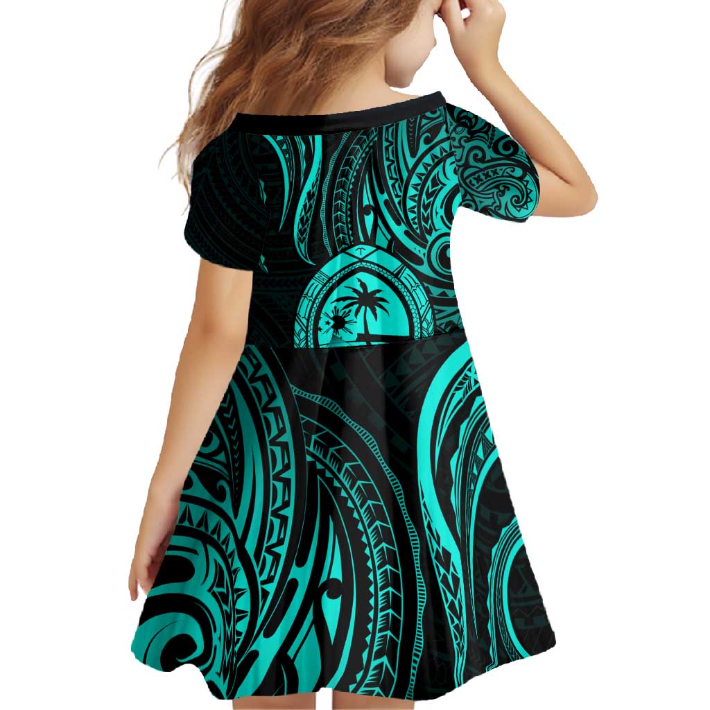Polynesian Guam Coat of Arms Family Matching Long Sleeve Bodycon Dress and Hawaiian Shirt Polynesian Tribal Tattoo Turquoise Version