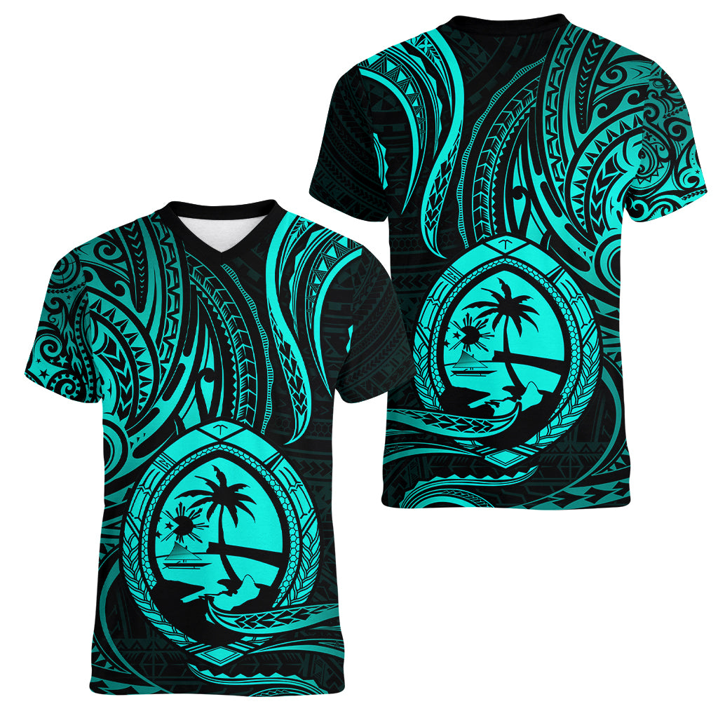 Polynesian Pride Guam Women V Neck T Shirt With Polynesian Tribal Tattoo and Coat of Arms Turquoise Version LT9 Female turquoise - Polynesian Pride