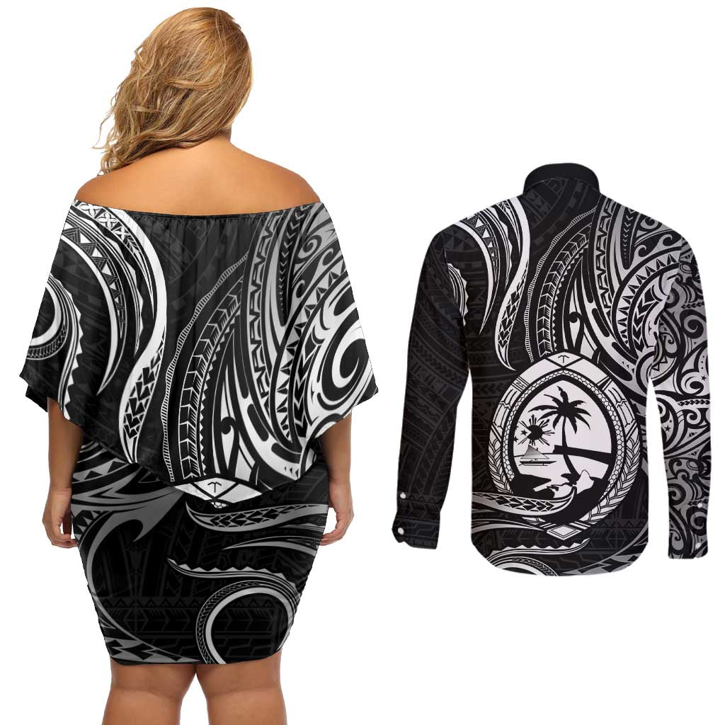 Polynesian Guam Coat of Arms Couples Matching Off Shoulder Short Dress and Long Sleeve Button Shirt Polynesian Tribal Tattoo Black Version