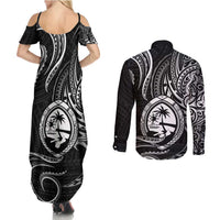 Polynesian Guam Coat of Arms Couples Matching Summer Maxi Dress and Long Sleeve Button Shirt Polynesian Tribal Tattoo Black Version