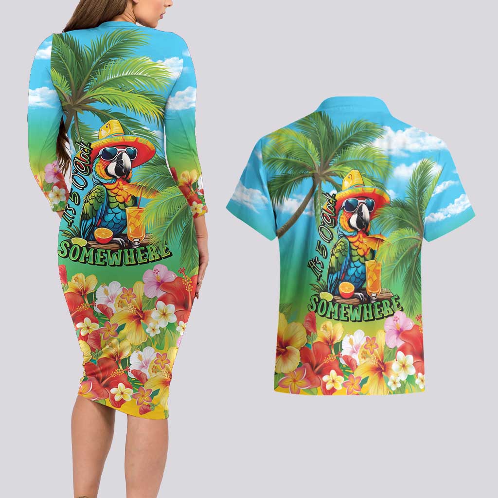 Always 5 O'clock Couples Matching Long Sleeve Bodycon Dress and Hawaiian Shirt Hawaiian Tropical Parrot - Polynesian Pride