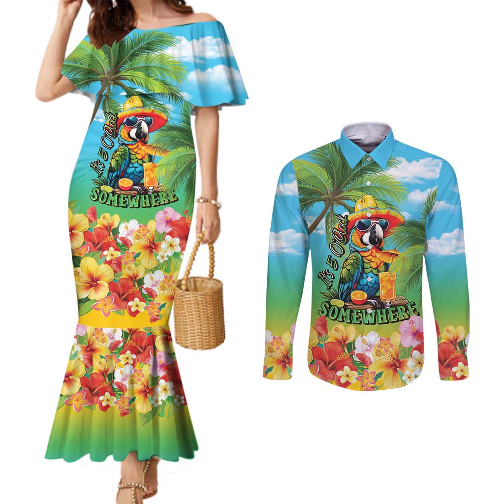 Always 5 O'clock Couples Matching Mermaid Dress and Long Sleeve Button Shirt Hawaiian Tropical Parrot - Polynesian Pride