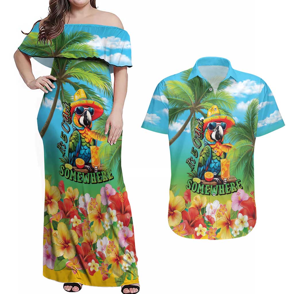 Always 5 O'clock Couples Matching Off Shoulder Maxi Dress and Hawaiian Shirt Hawaiian Tropical Parrot - Polynesian Pride