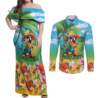 Always 5 O'clock Couples Matching Off Shoulder Maxi Dress and Long Sleeve Button Shirt Hawaiian Tropical Parrot - Polynesian Pride