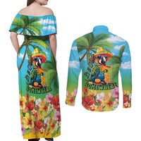 Always 5 O'clock Couples Matching Off Shoulder Maxi Dress and Long Sleeve Button Shirt Hawaiian Tropical Parrot - Polynesian Pride