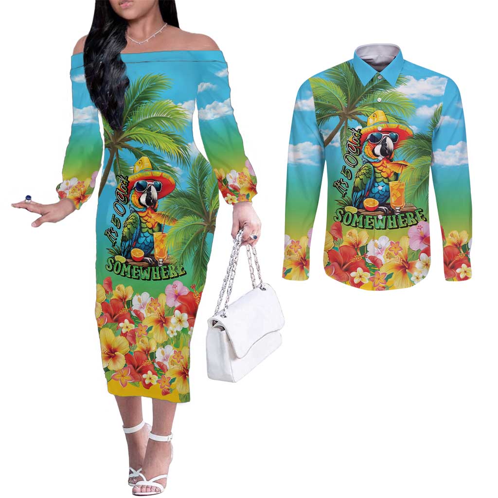 Always 5 O'clock Couples Matching Off The Shoulder Long Sleeve Dress and Long Sleeve Button Shirt Hawaiian Tropical Parrot - Polynesian Pride