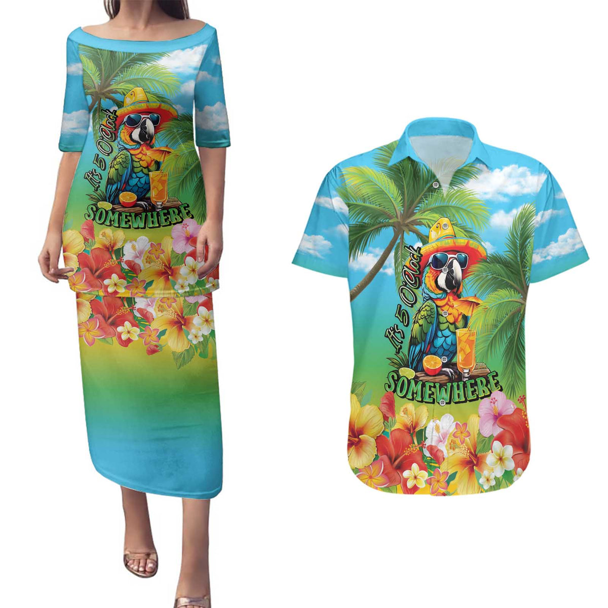 Always 5 O'clock Couples Matching Puletasi and Hawaiian Shirt Hawaiian Tropical Parrot - Polynesian Pride