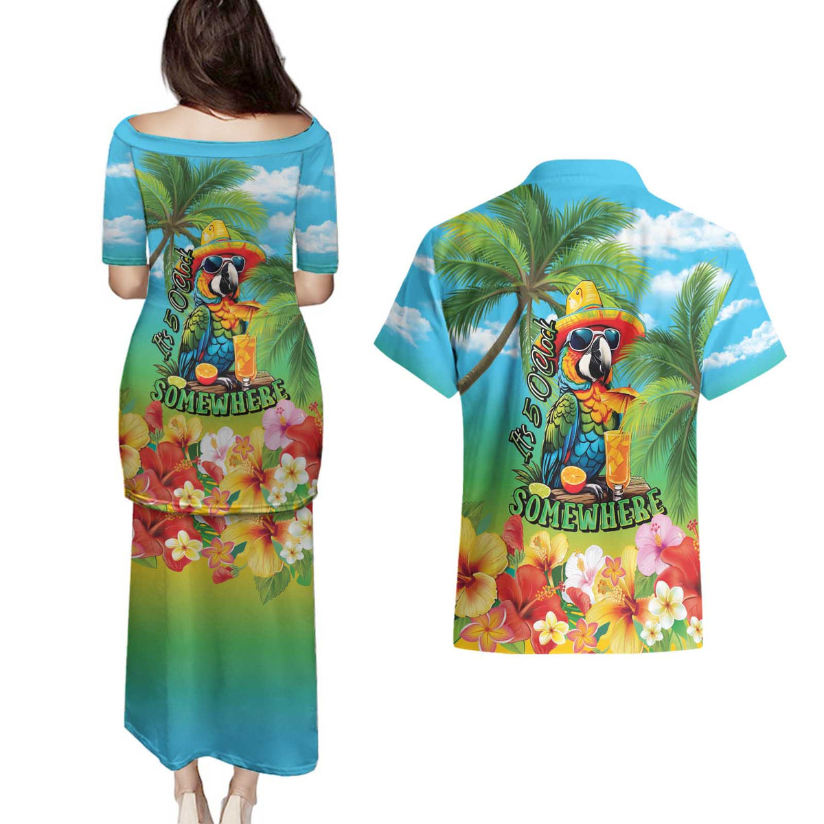 Always 5 O'clock Couples Matching Puletasi and Hawaiian Shirt Hawaiian Tropical Parrot - Polynesian Pride