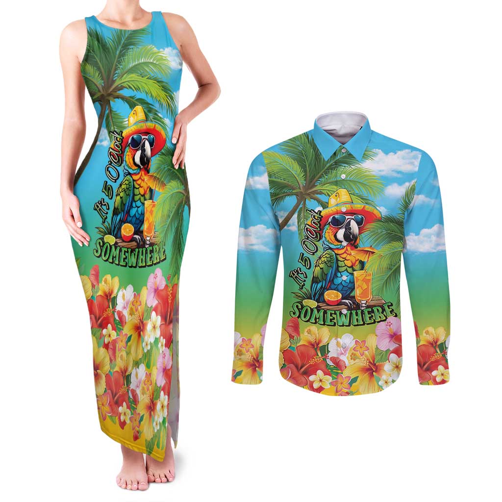Always 5 O'clock Couples Matching Tank Maxi Dress and Long Sleeve Button Shirt Hawaiian Tropical Parrot - Polynesian Pride