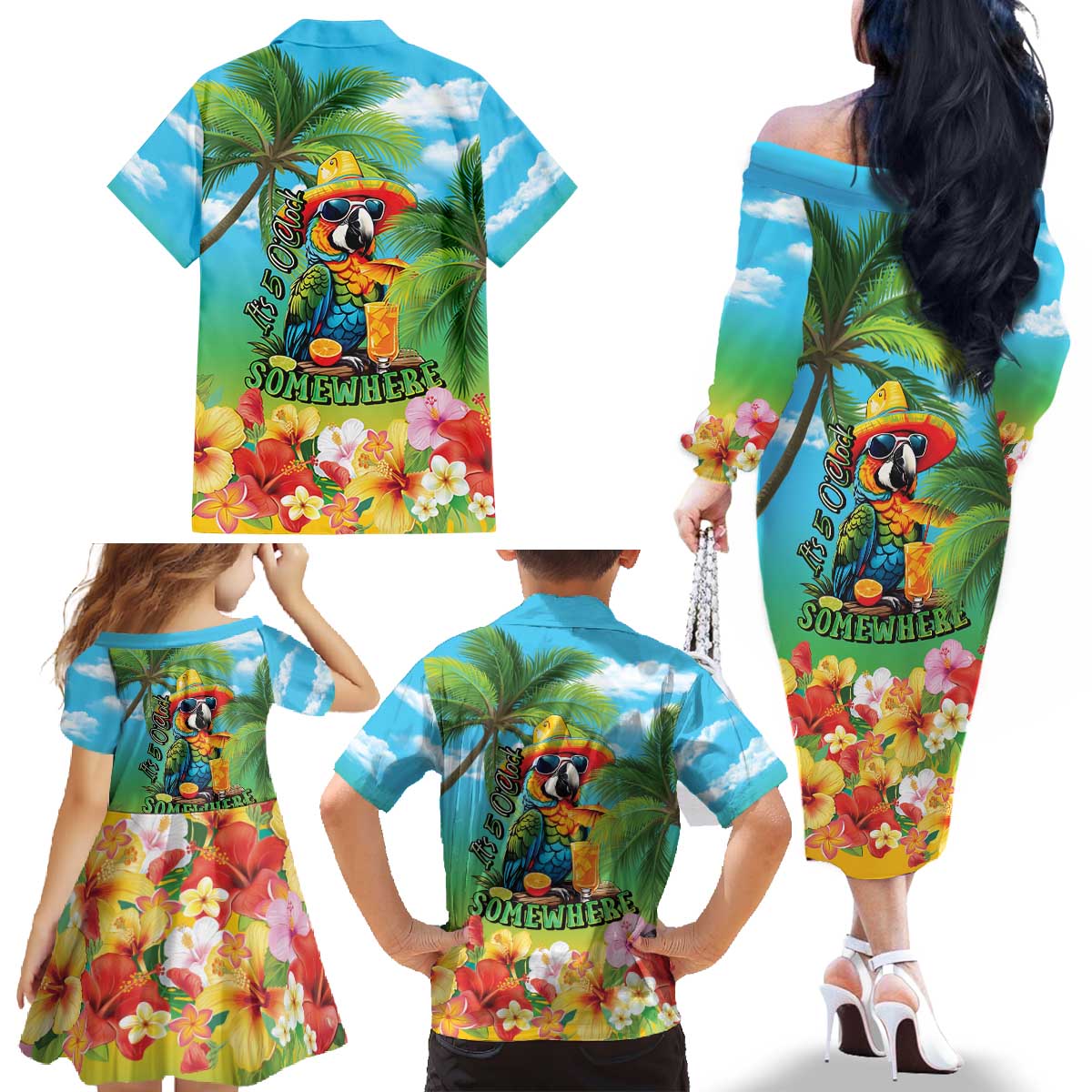 Always 5 O'clock Family Matching Off The Shoulder Long Sleeve Dress and Hawaiian Shirt Hawaiian Tropical Parrot - Polynesian Pride