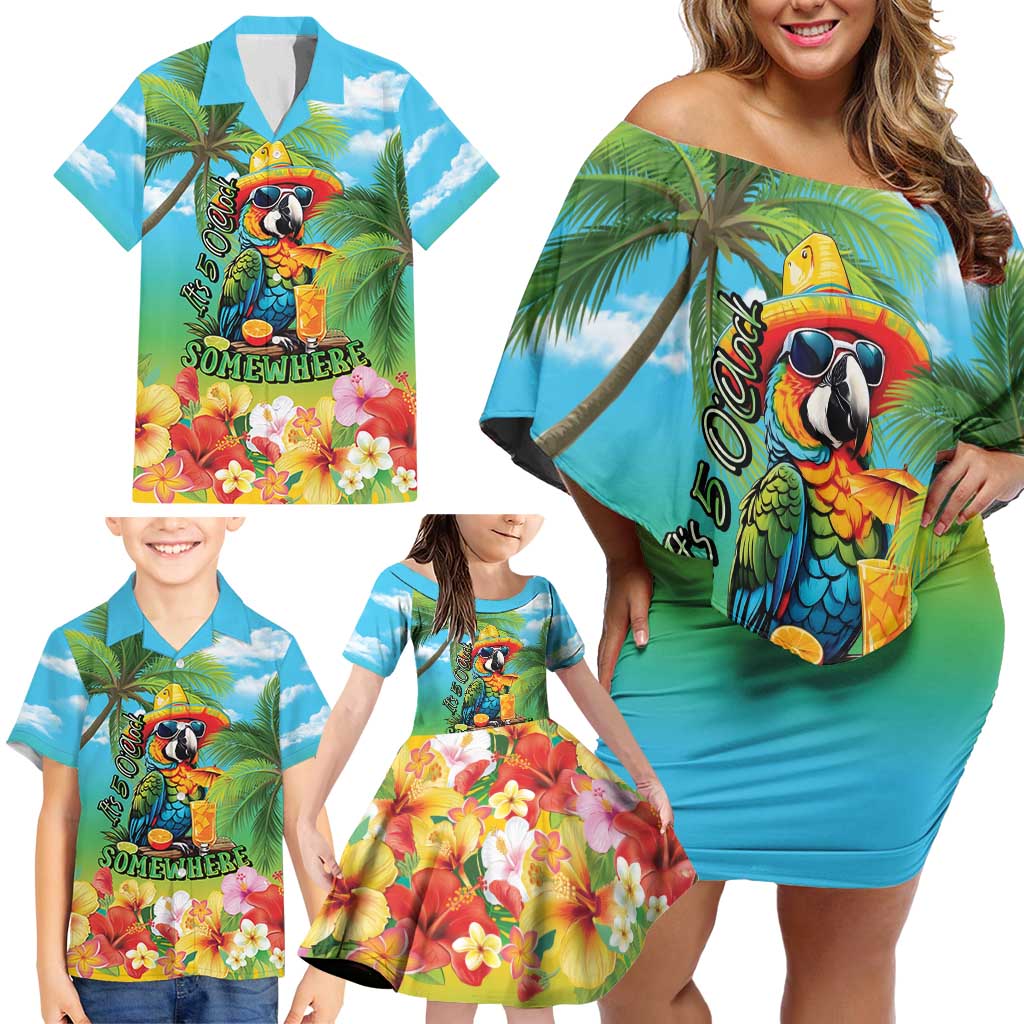 Always 5 O'clock Family Matching Off Shoulder Short Dress and Hawaiian Shirt Hawaiian Tropical Parrot - Polynesian Pride