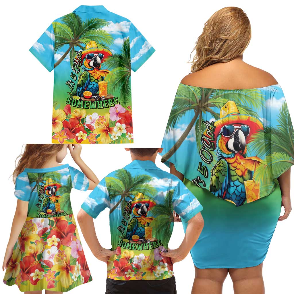 Always 5 O'clock Family Matching Off Shoulder Short Dress and Hawaiian Shirt Hawaiian Tropical Parrot - Polynesian Pride