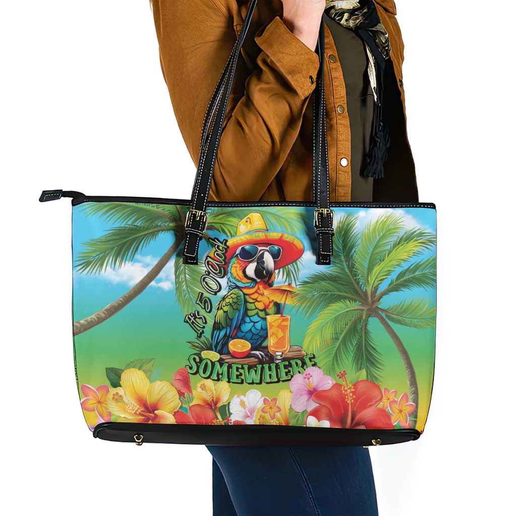 Always 5 O'clock Leather Tote Bag Hawaiian Tropical Parrot - Polynesian Pride