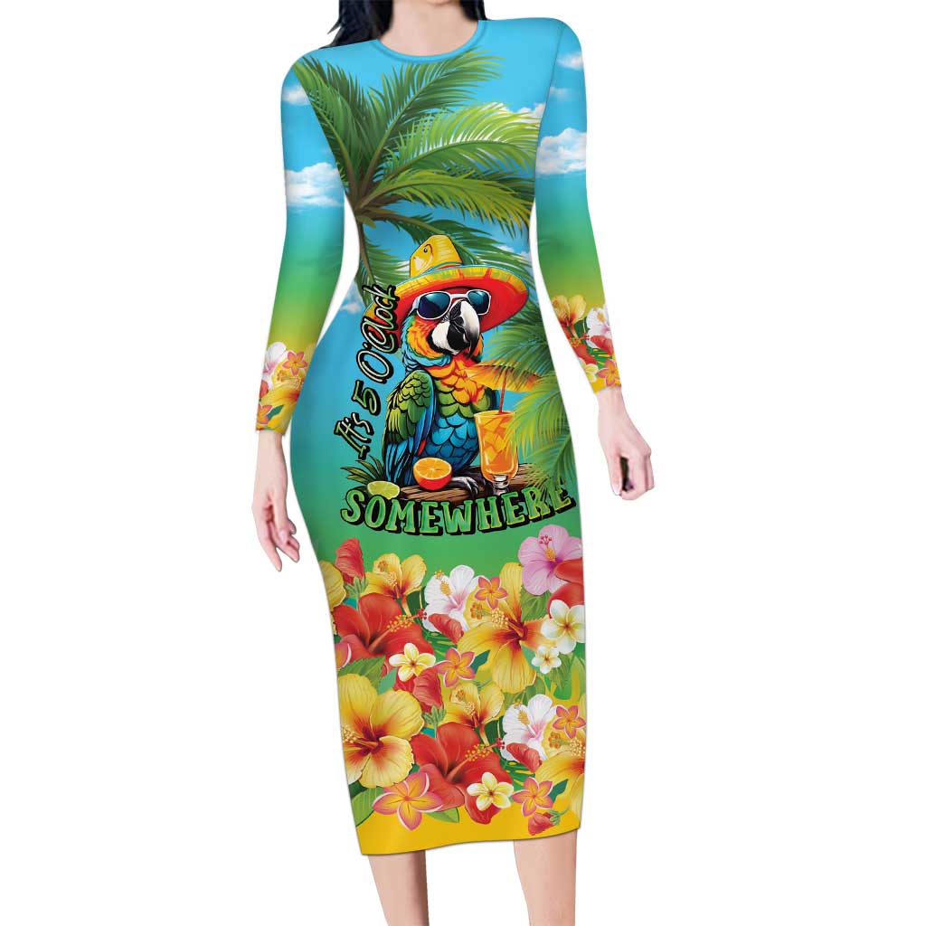 Always 5 O'clock Long Sleeve Bodycon Dress Hawaiian Tropical Parrot - Polynesian Pride