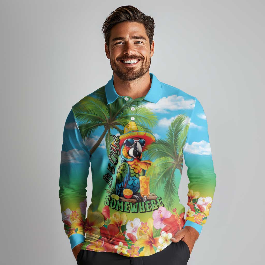 Always 5 O'clock Long Sleeve Polo Shirt Hawaiian Tropical Parrot - Polynesian Pride