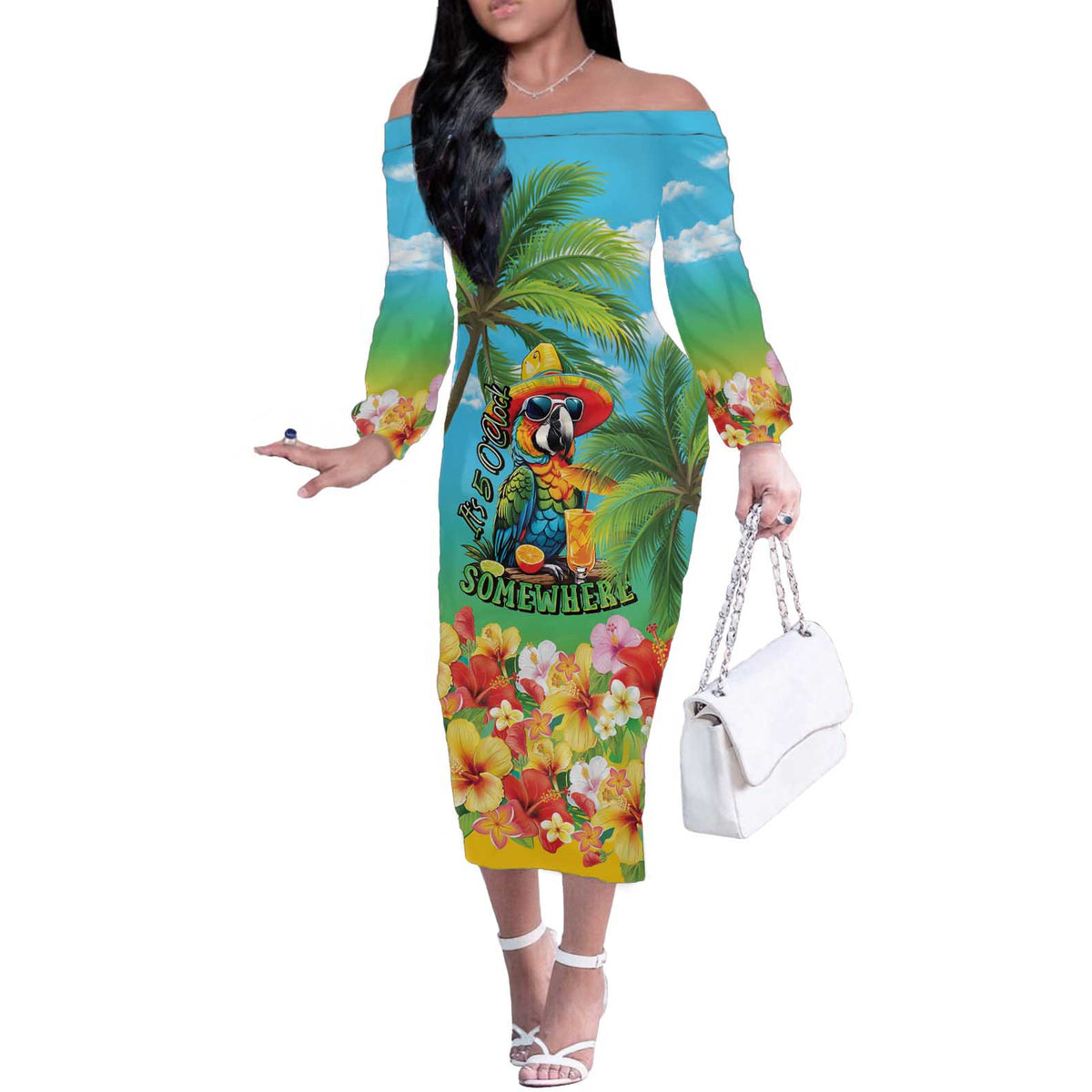 Always 5 O'clock Off The Shoulder Long Sleeve Dress Hawaiian Tropical Parrot - Polynesian Pride