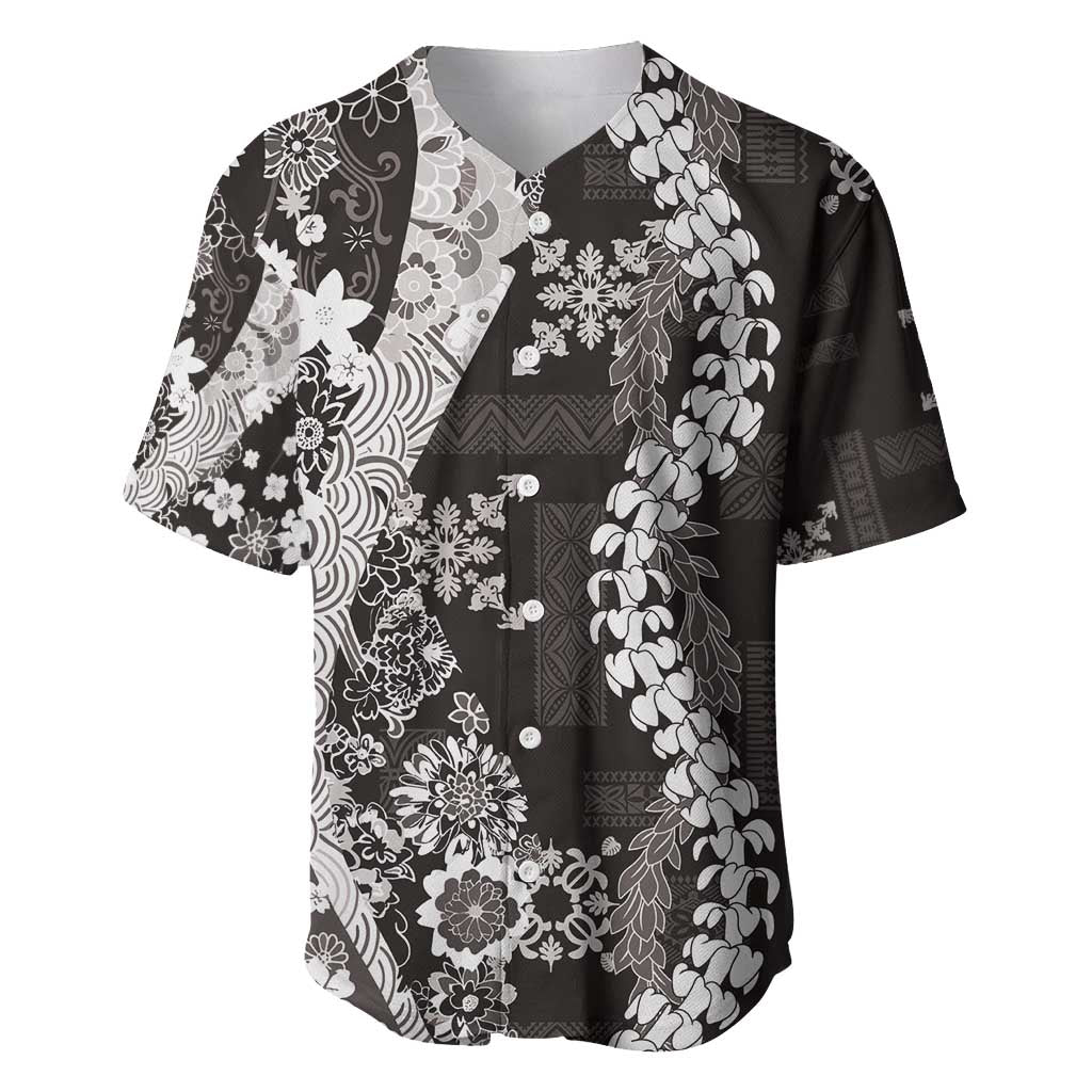 Hawaii Puakenikeni and Maile Lei Baseball Jersey Black Japanese Wave Style - Polynesian Pride