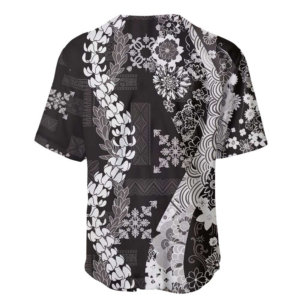 Hawaii Puakenikeni and Maile Lei Baseball Jersey Black Japanese Wave Style - Polynesian Pride