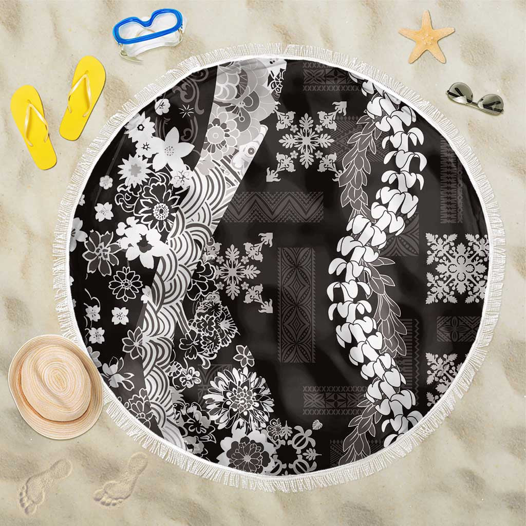 Hawaii Puakenikeni and Maile Lei Beach Blanket Black Japanese Wave Style - Polynesian Pride
