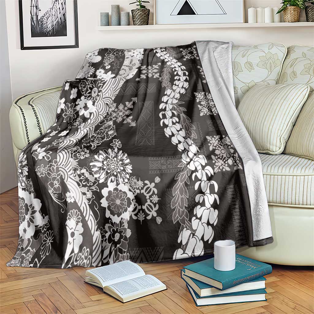 Hawaii Puakenikeni and Maile Lei Blanket Black Japanese Wave Style - Polynesian Pride