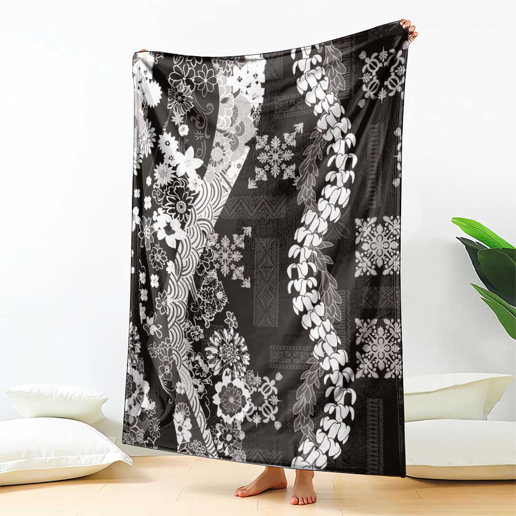 Hawaii Puakenikeni and Maile Lei Blanket Black Japanese Wave Style - Polynesian Pride
