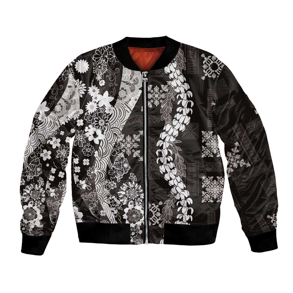 Hawaii Puakenikeni and Maile Lei Bomber Jacket Black Japanese Wave Style - Polynesian Pride