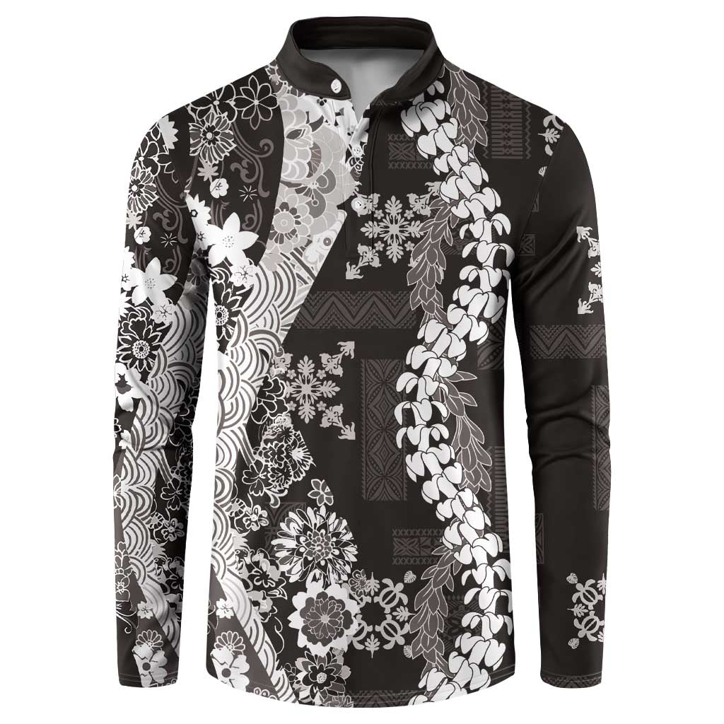 Hawaii Puakenikeni and Maile Lei Button Sweatshirt Black Japanese Wave Style LT9 Black - Polynesian Pride