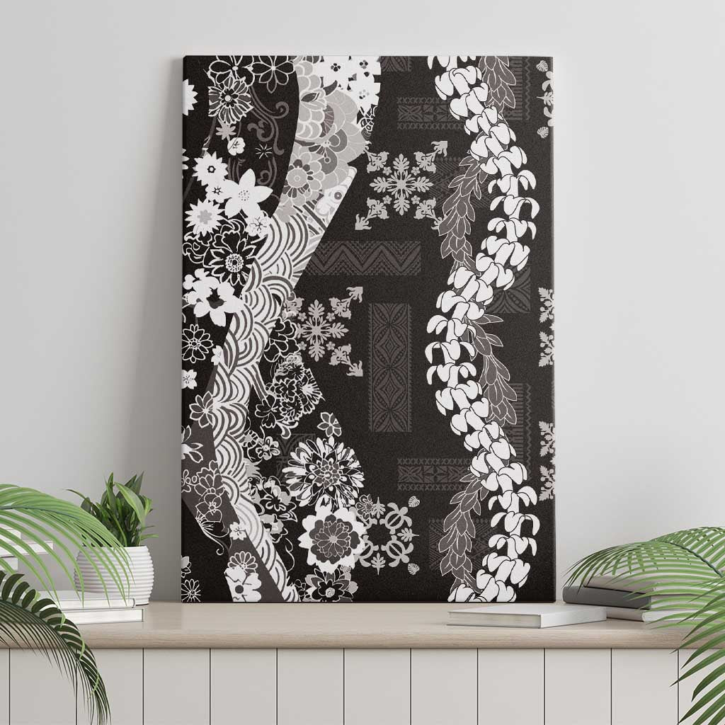 Hawaii Puakenikeni and Maile Lei Canvas Wall Art Black Japanese Wave Style - Polynesian Pride