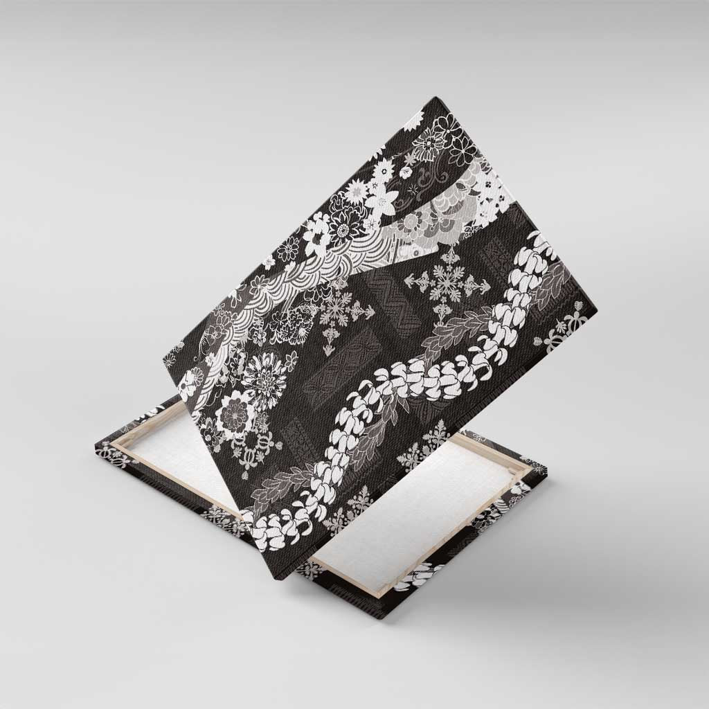 Hawaii Puakenikeni and Maile Lei Canvas Wall Art Black Japanese Wave Style - Polynesian Pride