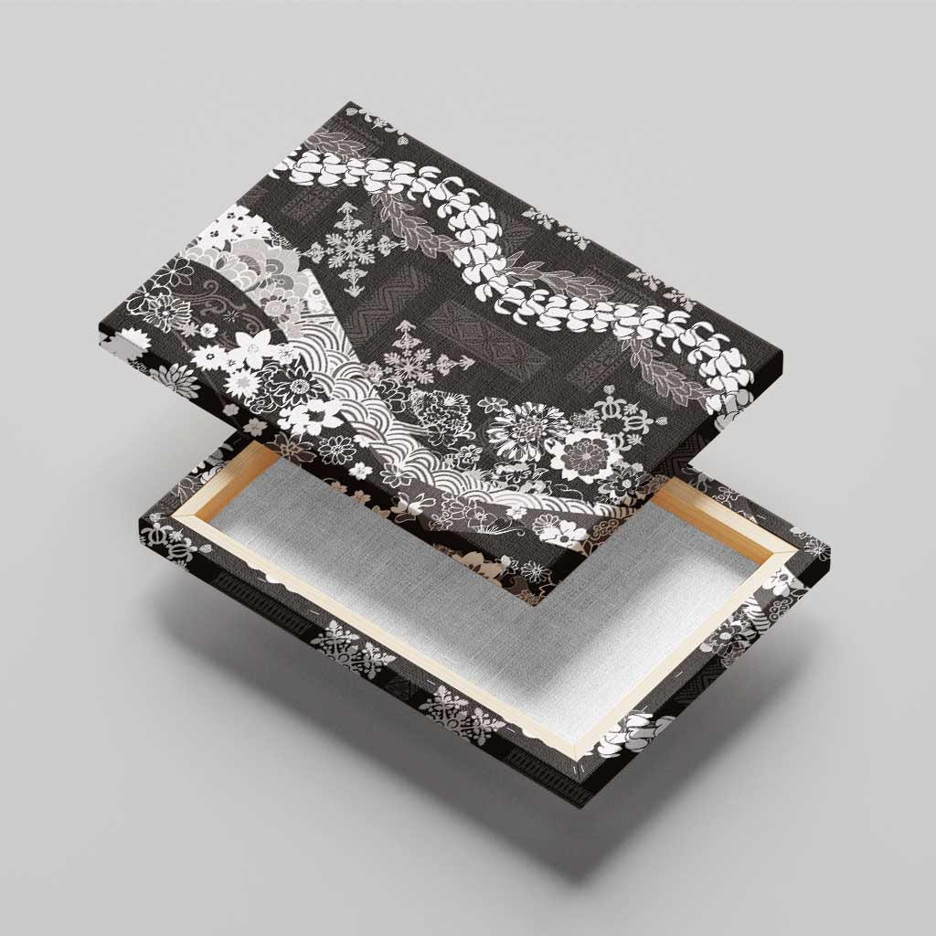 Hawaii Puakenikeni and Maile Lei Canvas Wall Art Black Japanese Wave Style - Polynesian Pride