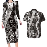 Hawaii Puakenikeni and Maile Lei Couples Matching Long Sleeve Bodycon Dress and Hawaiian Shirt Black Japanese Wave Style - Polynesian Pride