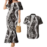 Hawaii Puakenikeni and Maile Lei Couples Matching Mermaid Dress and Hawaiian Shirt Black Japanese Wave Style - Polynesian Pride