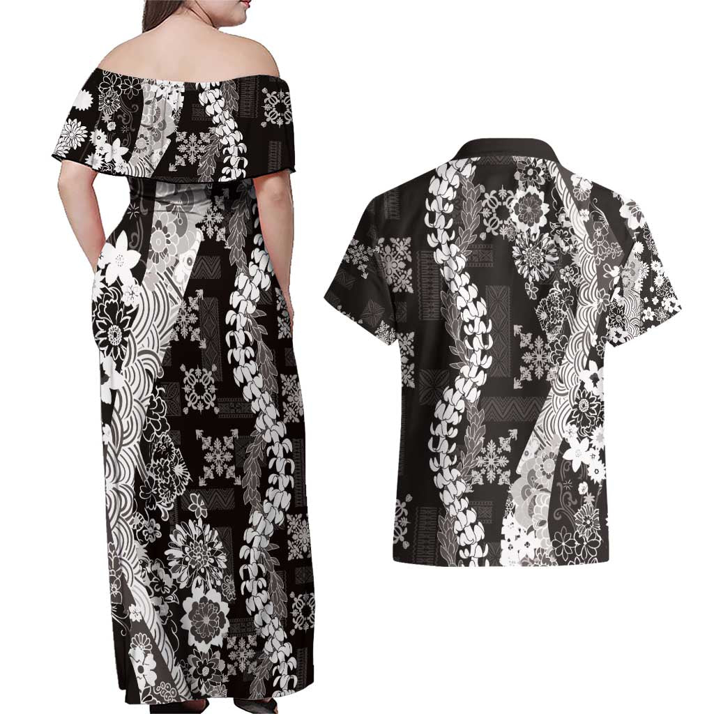 Hawaii Puakenikeni and Maile Lei Couples Matching Off Shoulder Maxi Dress and Hawaiian Shirt Black Japanese Wave Style - Polynesian Pride