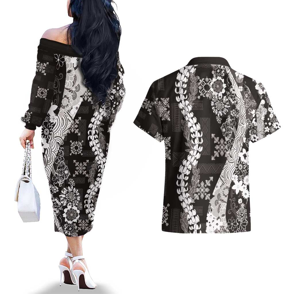 Hawaii Puakenikeni and Maile Lei Couples Matching Off The Shoulder Long Sleeve Dress and Hawaiian Shirt Black Japanese Wave Style - Polynesian Pride