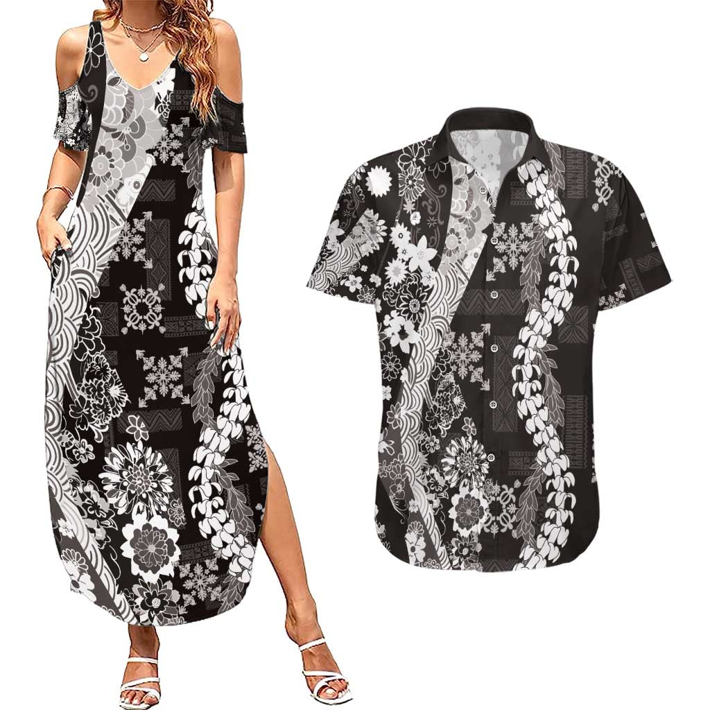 Hawaii Puakenikeni and Maile Lei Couples Matching Summer Maxi Dress and Hawaiian Shirt Black Japanese Wave Style - Polynesian Pride