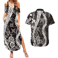 Hawaii Puakenikeni and Maile Lei Couples Matching Summer Maxi Dress and Hawaiian Shirt Black Japanese Wave Style - Polynesian Pride