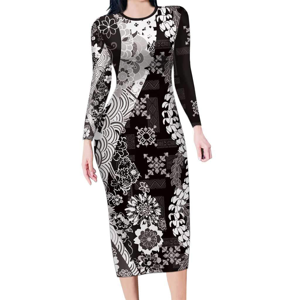 Hawaii Puakenikeni and Maile Lei Family Matching Long Sleeve Bodycon Dress and Hawaiian Shirt Black Japanese Wave Style - Polynesian Pride