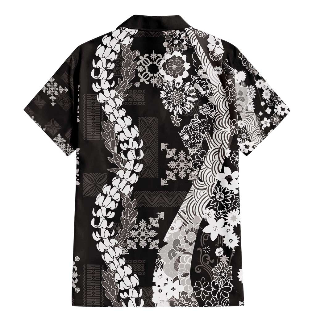 Hawaii Puakenikeni and Maile Lei Family Matching Mermaid Dress and Hawaiian Shirt Black Japanese Wave Style - Polynesian Pride