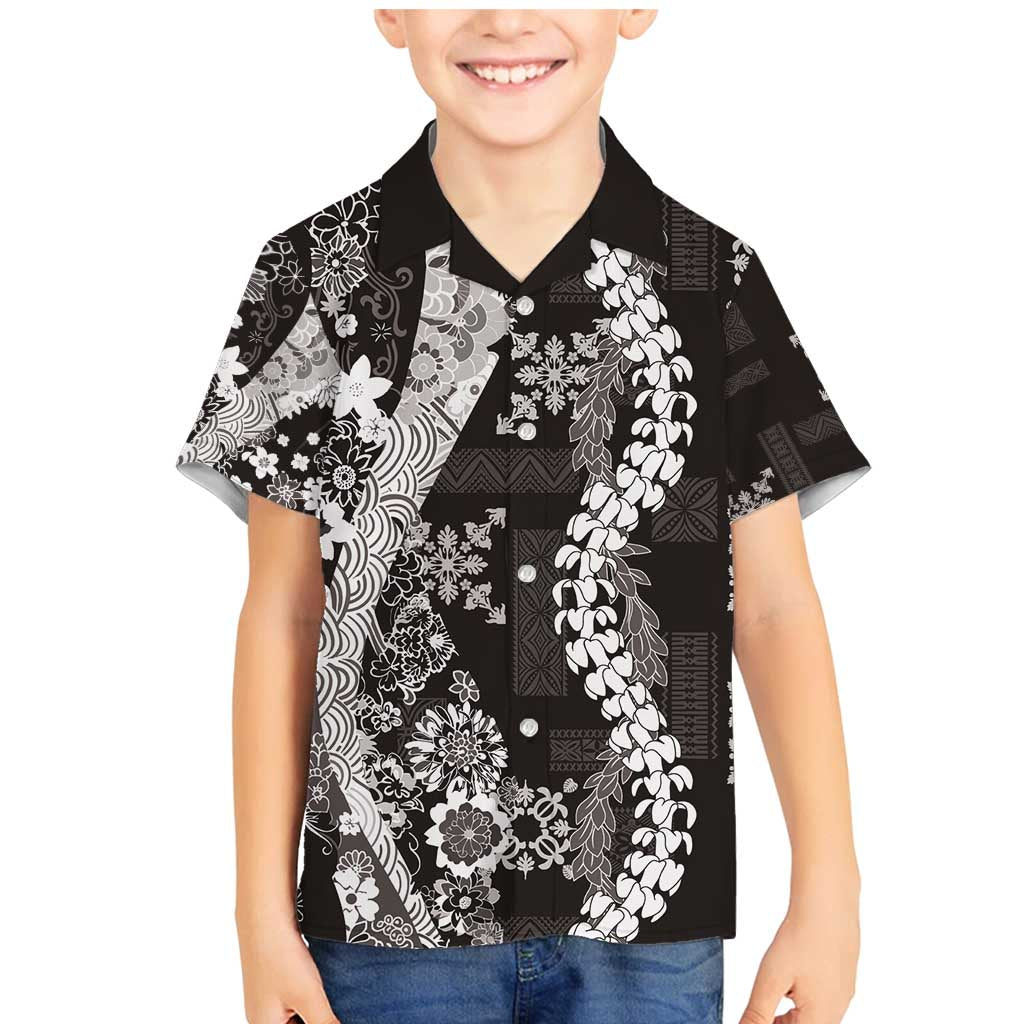 Hawaii Puakenikeni and Maile Lei Family Matching Mermaid Dress and Hawaiian Shirt Black Japanese Wave Style - Polynesian Pride