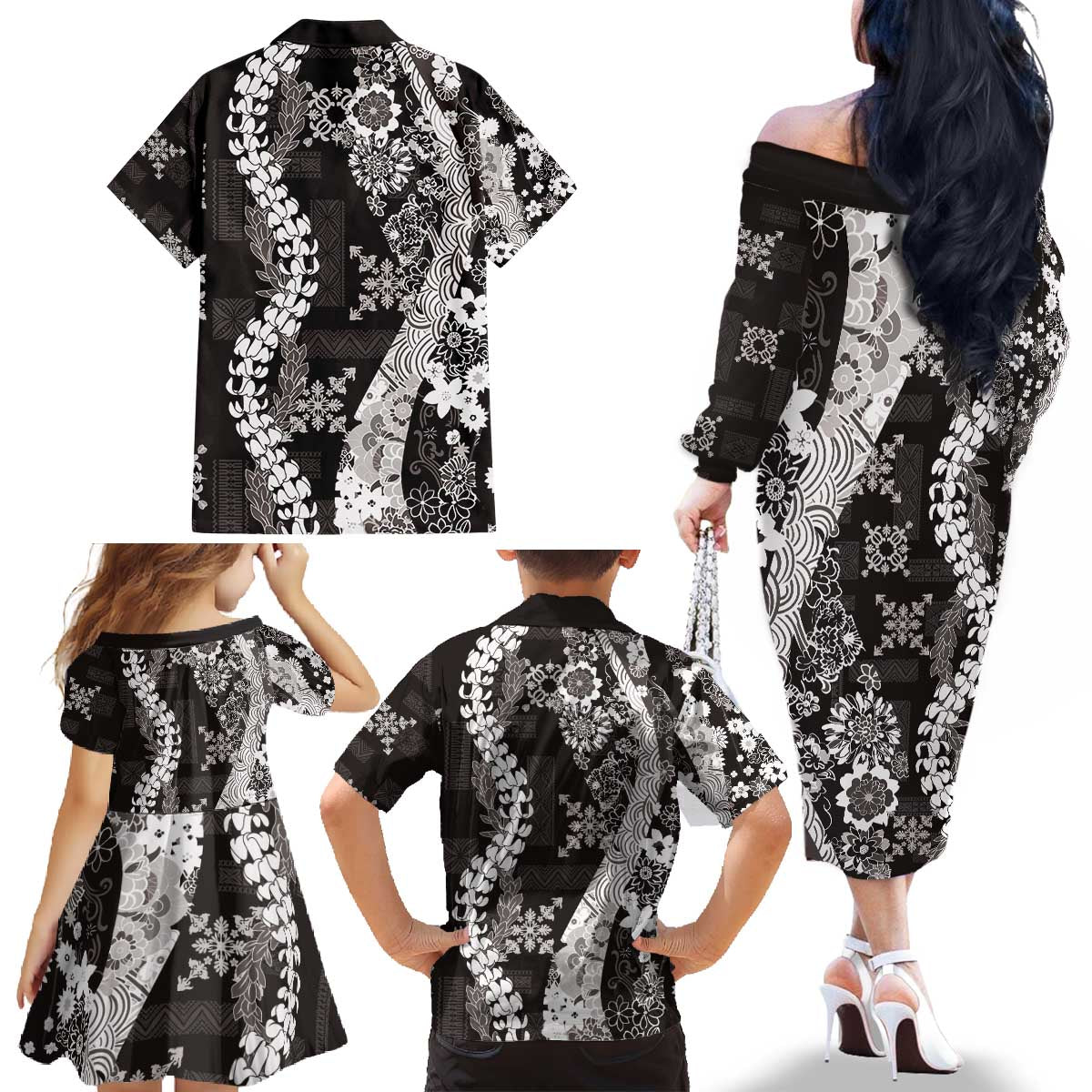 Hawaii Puakenikeni and Maile Lei Family Matching Off The Shoulder Long Sleeve Dress and Hawaiian Shirt Black Japanese Wave Style - Polynesian Pride