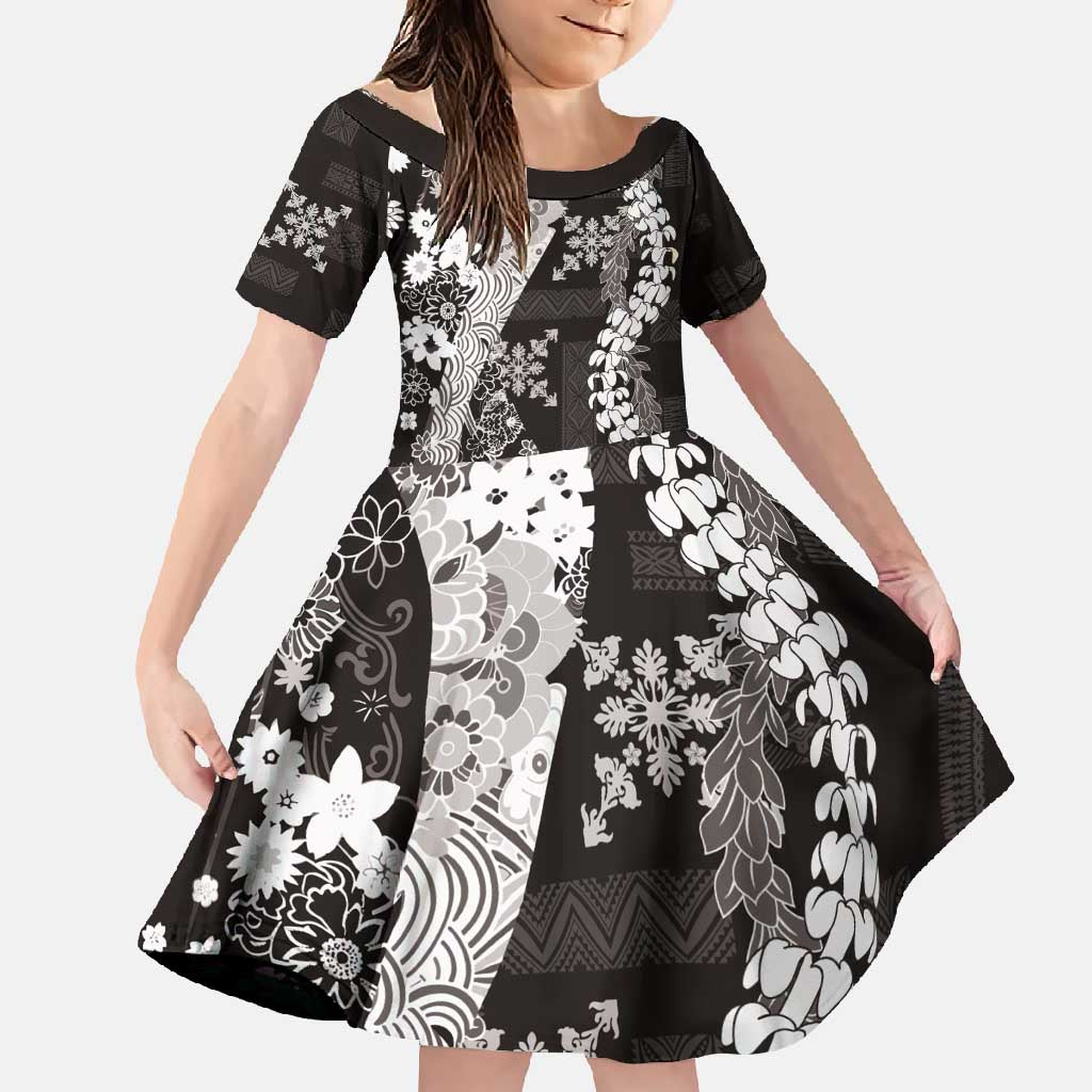 Hawaii Puakenikeni and Maile Lei Family Matching Off Shoulder Maxi Dress and Hawaiian Shirt Black Japanese Wave Style - Polynesian Pride