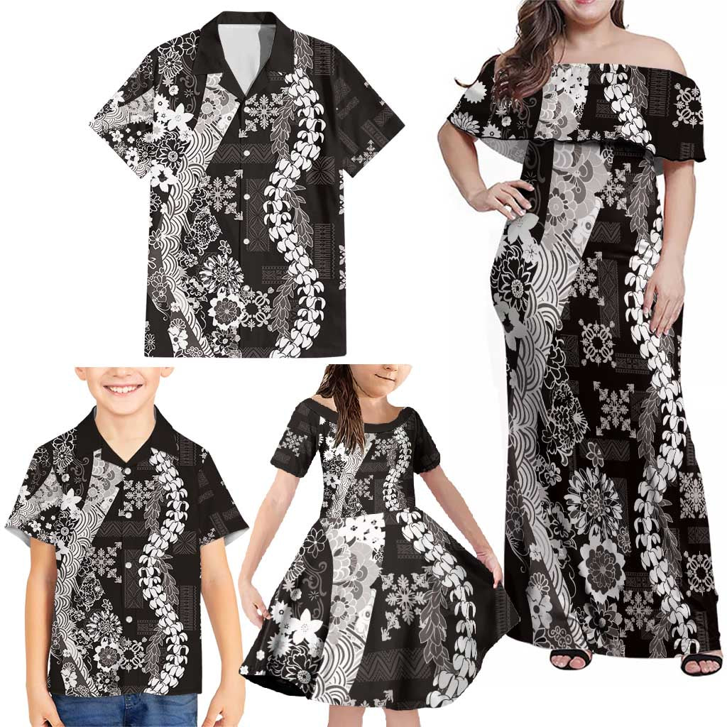 Hawaii Puakenikeni and Maile Lei Family Matching Off Shoulder Maxi Dress and Hawaiian Shirt Black Japanese Wave Style - Polynesian Pride