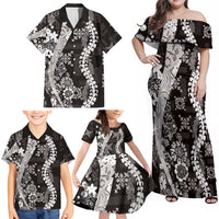 Hawaii Puakenikeni and Maile Lei Family Matching Off Shoulder Maxi Dress and Hawaiian Shirt Black Japanese Wave Style - Polynesian Pride