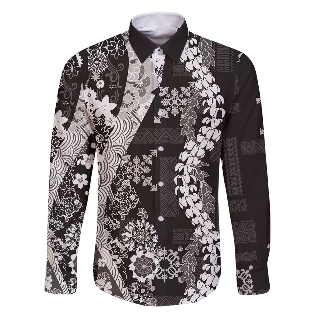 Hawaii Puakenikeni and Maile Lei Family Matching Off Shoulder Maxi Dress and Hawaiian Shirt Black Japanese Wave Style - Polynesian Pride